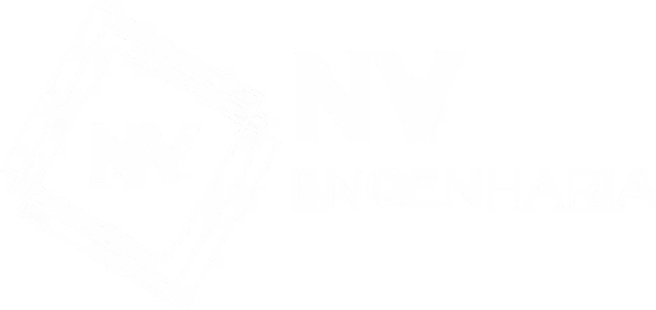 Logo horizontal branca da NV Engenharia com símbolo geométrico e nome da empresa em fundo transparente